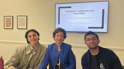 Kim Ghattas (center) with research assistants Isabella Crispino MIA ’24 and Mohammed Shahrukh MIA ’24.