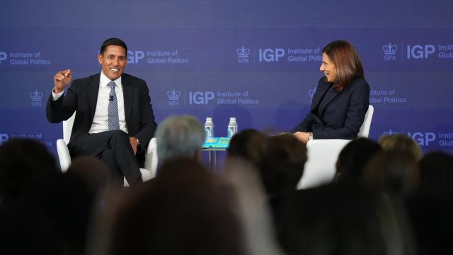 Rajiv Shah (L.) spoke with Dean Keren Yarhi-Milo at Columbia SIPA on October 10.