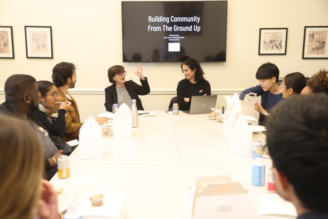 Ester Fuchs (left) and Maryam Banikarim (right) lead a roundtable with students