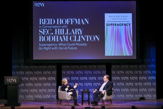 Reid Hoffman (right) discussed his new book, Superagency, with Secretary Hillary Rodham Clinton